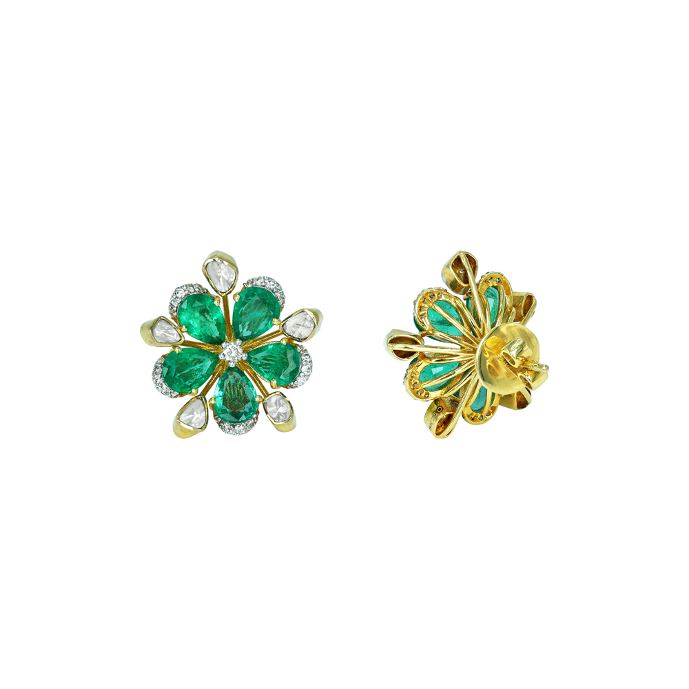 Floral Polki Stud Earrings with Emerald Petals and Diamonds